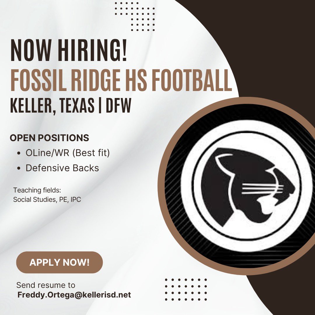 Freddy Ortega (@coachortega2006) on Twitter photo Job Alert!!!!!
Fossil Ridge is looking for two coaches!
Teaching field:
Social Studies
PE
IPC
Need to be fully certified in one of those three.
Please no alternate certs unless you have passed that exam
<a href="/Matt_Stepp817/">Matt Stepp</a>
<a href="/ridgerecruiting/">Keller Fossil Ridge Football</a>
<a href="/THSCAcoaches/">THSCA</a> Job Alert!!!!!
Fossil Ridge is looking for two coaches!
Teaching field:
Social Studies
PE
IPC
Need to be fully certified in one of those three.
Please no alternate certs unless you have passed that exam
<a href="/Matt_Stepp817/">Matt Stepp</a>
<a href="/ridgerecruiting/">Keller Fossil Ridge Football</a>
<a href="/THSCAcoaches/">THSCA</a>