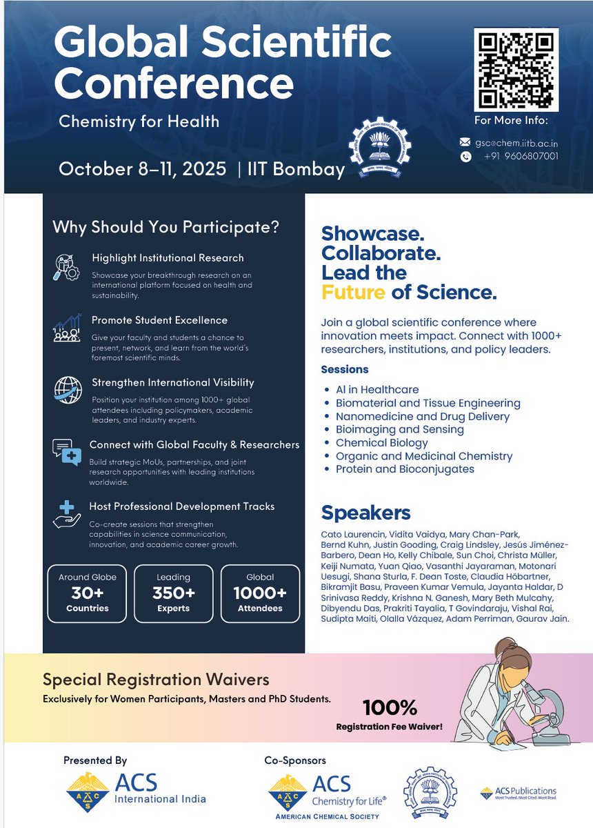 A Global conference, coming up in IIT Bombay.
Abstract submission has started.
chem.iitb.ac.in/gsc/index.php

Thanks to Pfizer, the conference will be able to offer complete registration waiver and free hostel accommodation to about 50 women students, provided they present posters.