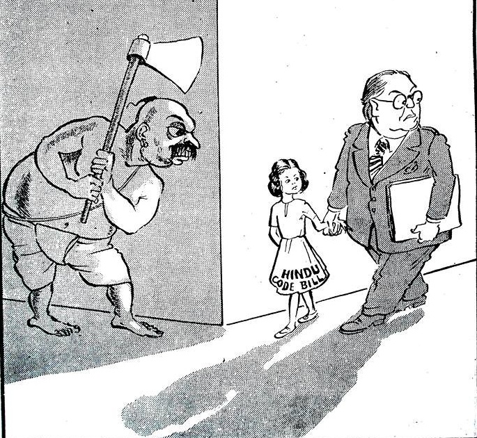 यह उस वक़्त का कार्टून है जब बाबासाहेब अंबेडकर स्त्रीमुक्ति के लिए हिन्दू कोड बिल लाए थे, उसका सबसे ज्यादा तीव्र विरोध किसने किया था यह सब जानते हैं, 

उनमें से एक विशेष जाति के लोग थे जो यह सोचते थे कि अगर महिलाओं को अधिकार मिले तो हमारे पुत्ररत्नों का क्या होगा,

Photo -