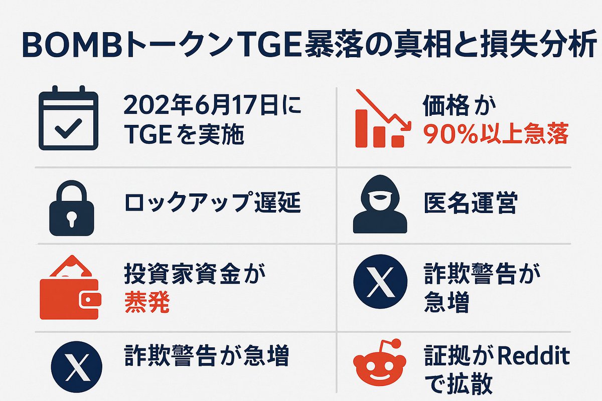 【 $BOMB トークンTGE暴落の真相🔍】
買った翌日に資金が90%蒸発…まさに“紙爆弾💣”

<a href="/Bombie_xyz/">Bombie</a> が配布を遅延→ロックアップされたまま価格は瞬間崩壊。
・ロック解除前に内部勢が売却し逃げ切り
・XとRedditで詐欺警告と証拠スクショが急拡散
・SEC通報&amp;集団訴訟の動きもスタート