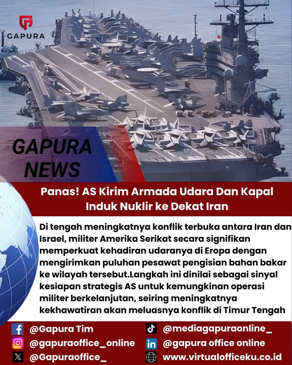 Gapuraoffice_'s tweet photo. 🔥 Panas! AS Kirim Kapal Induk Nuklir ke Dekat Iran 🇺🇸⚓
AS perkuat armada udaranya di tengah konflik Iran-Israel. Ketegangan kawasan makin memanas!
#GapuraNews #BeritaDunia #IranIsrael #KapalIndukAS #KonflikTimurTengah #MiliterAS #BreakingNews https://t.co/et61HisrRv