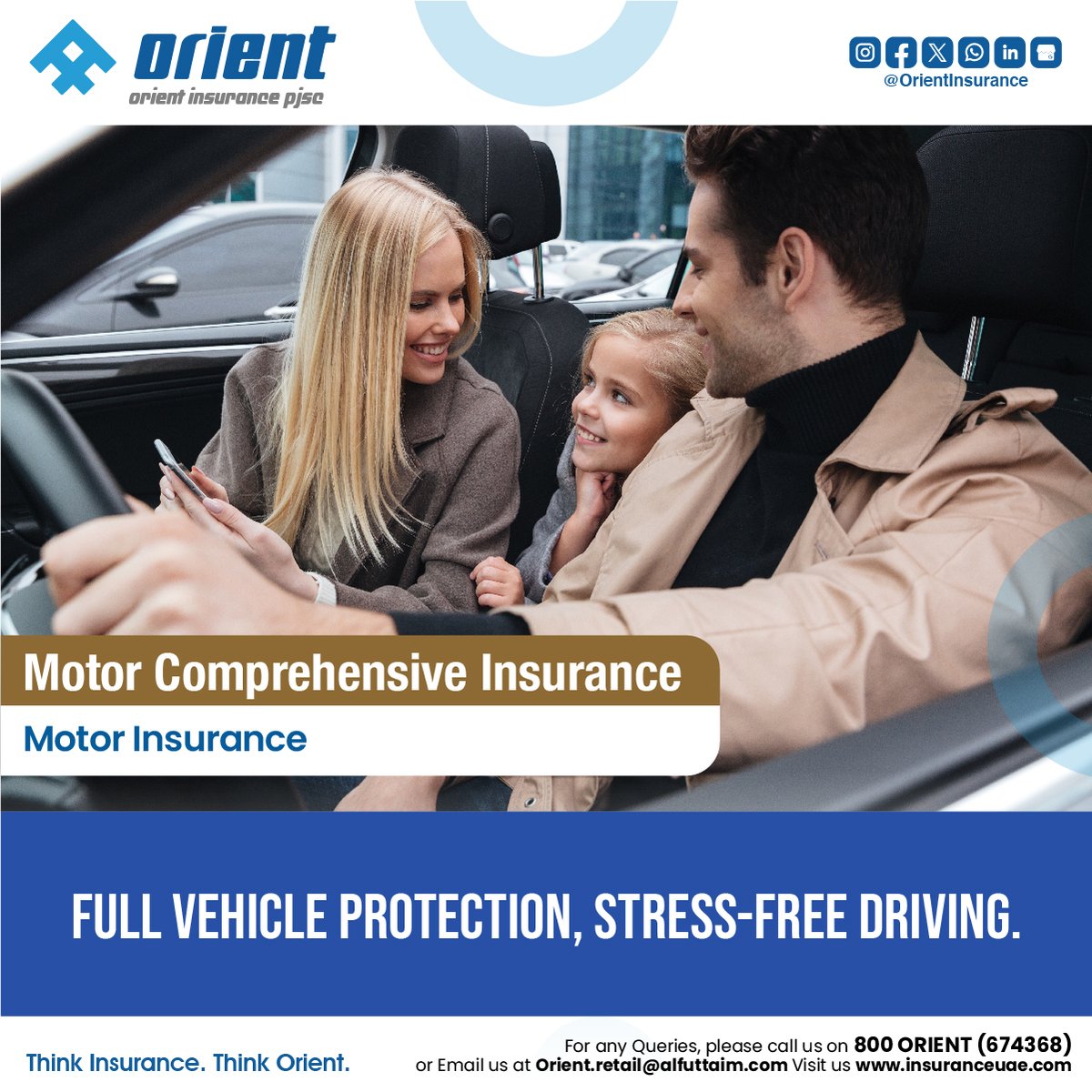 Drive confidently with Orient's Comprehensive Motor Insurance. Covers your vehicle, occupants, and third-party liabilities in accidents, natural calamities, fire, and theft. Terms and conditions apply. 
Buy Now: zurl.co/1T6an 
#OrientInsurance #UAE