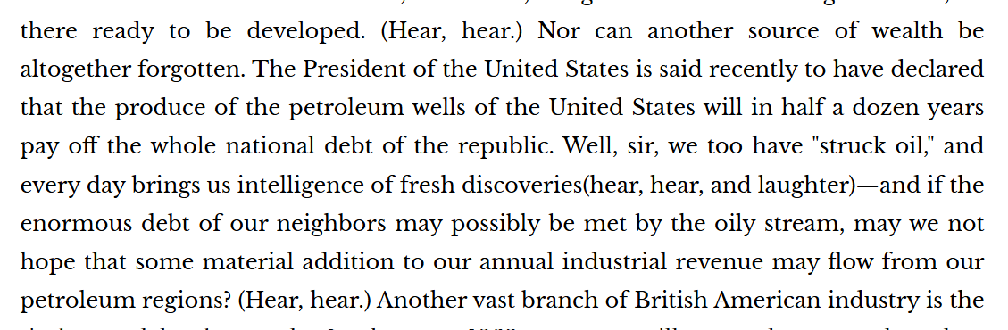 TIL: During Confederation negotiations in 1865, Canadian politicians openly mused that the country they created would become an oil power.