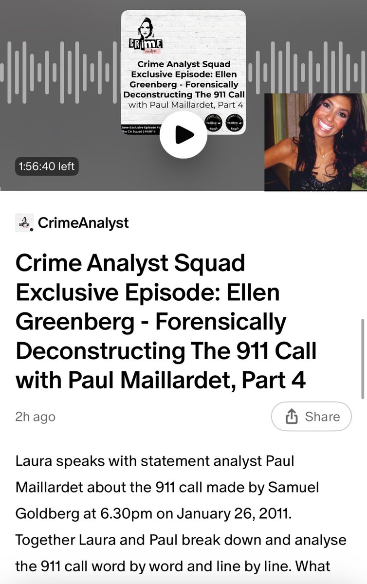 Laura Richards BSc MSc MBPsS (@thecrimeanalyst) on Twitter photo NEW Crime Analyst Squad Exclusive Episode: Ellen Greenberg - Forensically Deconstructing The 911 Call with Paul Maillardet <a href="/maillers/">Paul Maillardet</a> Part 4.
A 911 call is the first statement to police, Words can be used to convey or convince.
Listen as we break it down word by word, line by NEW Crime Analyst Squad Exclusive Episode: Ellen Greenberg - Forensically Deconstructing The 911 Call with Paul Maillardet <a href="/maillers/">Paul Maillardet</a> Part 4.
A 911 call is the first statement to police, Words can be used to convey or convince.
Listen as we break it down word by word, line by