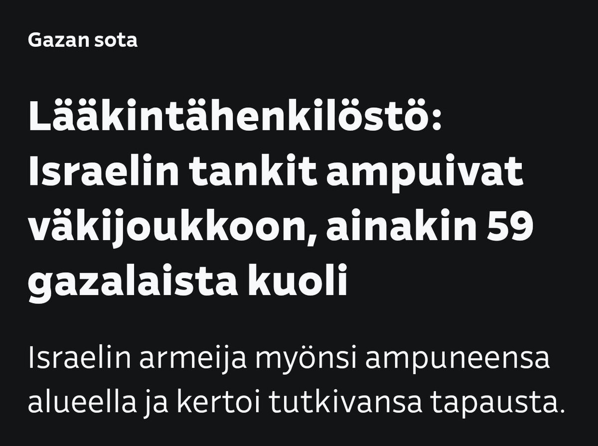 Ravinnon hakeminen Gazassa on muuttunut miehitysarmeijan toimesta täysin kuolemankujaksi.

Päivittäin ihmisiä tapetaan heidän yrittäessään hakea ruokaa "avustuspisteiltä" - kuolemaa niissä on tarjolla.

Suomen johto vain katsoo vierestä. Häpeällistä.