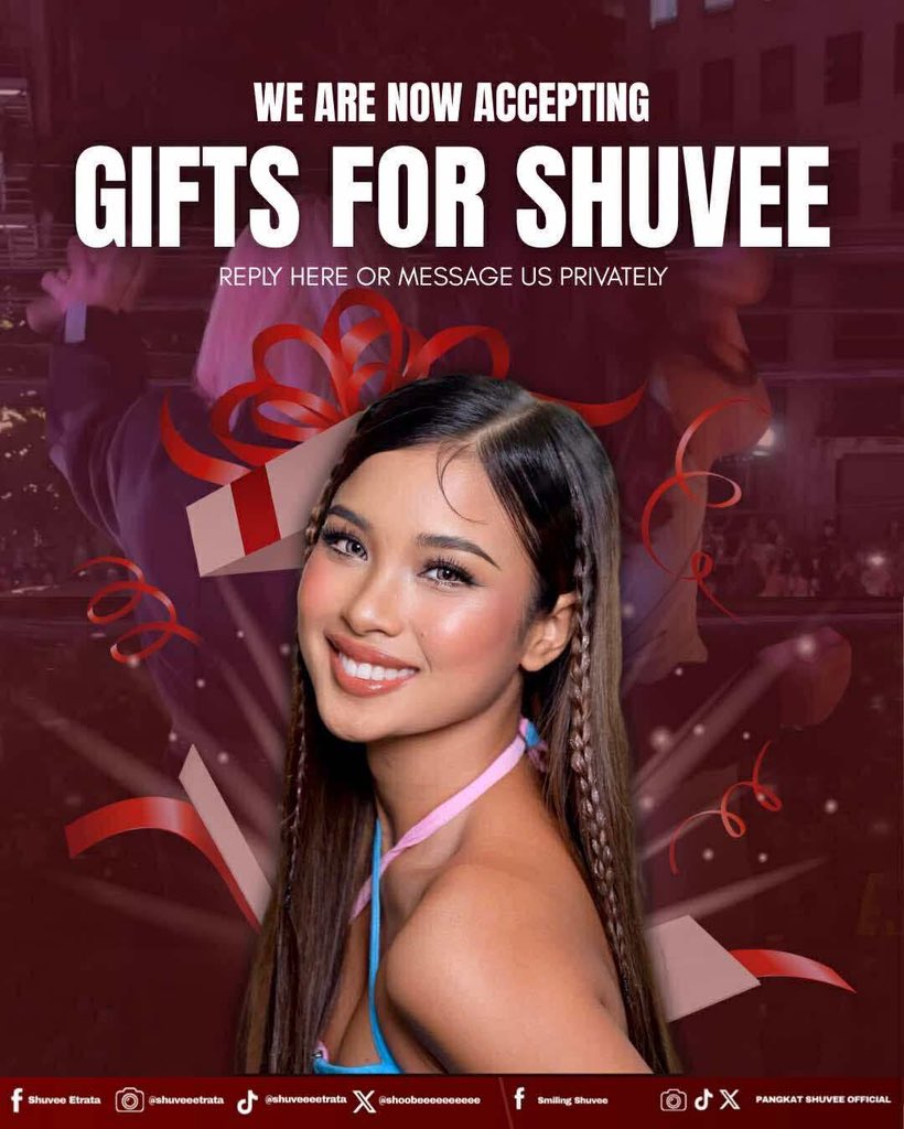 PangkatShuvee's tweet photo. WE’RE COLLECTING GIFTS FOR OUR BEST GIRL! 🎁

For those who would like to send gifts for Shuvee, we’re currently collecting them to hand over to her. 

We recommend including your name and a letter with your gift. Please note that food items are not allowed. You can also be part of a special gift we’re preparing for Shuvee! 👀

We’ll be accepting gifts until June 23 for the first batch, and until July 2 for the second batch.

Send us a message for more info! 💌