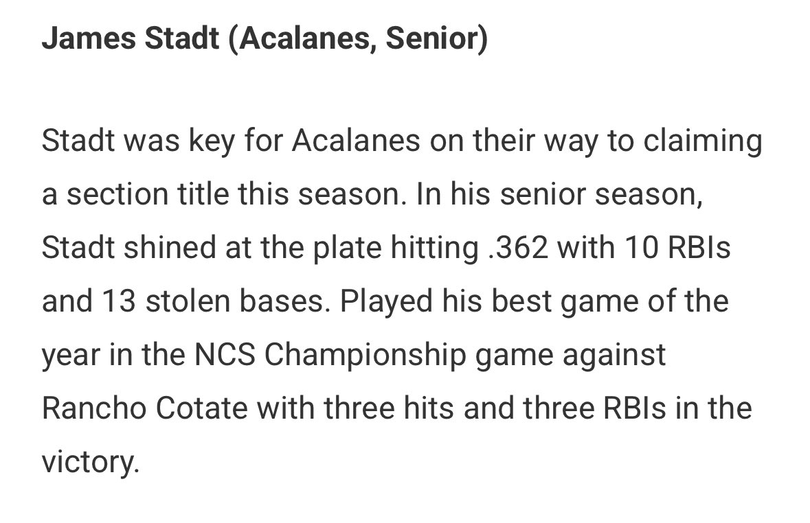 Acalanes Dons Baseball (@acalanesbase) on Twitter photo Congratulations to <a href="/jamesstadt6/">James Stadt</a> for making All-Bay Area Third Team! Good luck at Chapman next year! Congratulations to <a href="/jamesstadt6/">James Stadt</a> for making All-Bay Area Third Team! Good luck at Chapman next year!