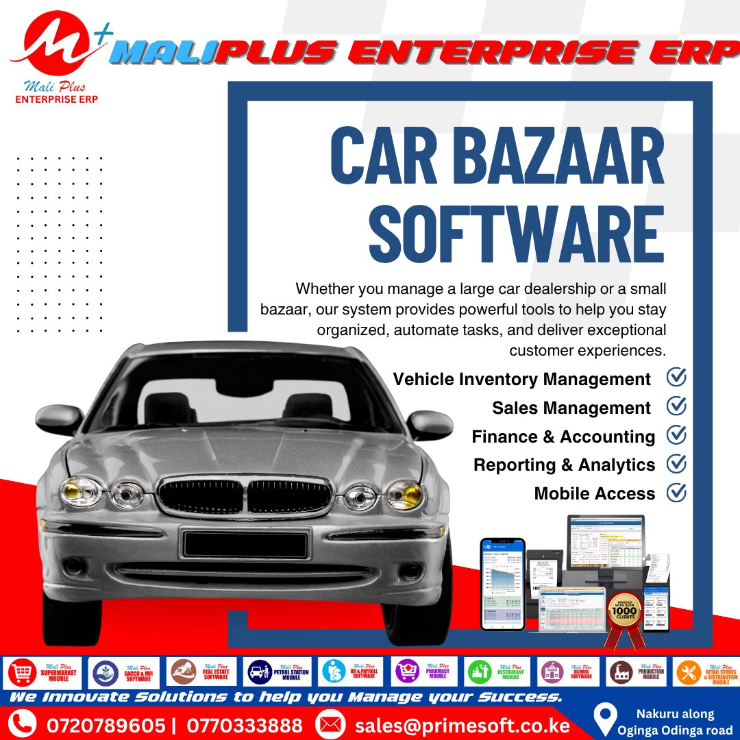MaliPlusERP's tweet image. Manage your car dealership with ease.
From inventory to sales and finance, our Car Bazaar Software delivers smart, scalable solutions.
Try MaliPlus ERP today.
#CarDealershipSoftware #AutoERP #PrimesoftSolutions #MaliPlusERP #CarBazaarSystem #NakuruTech