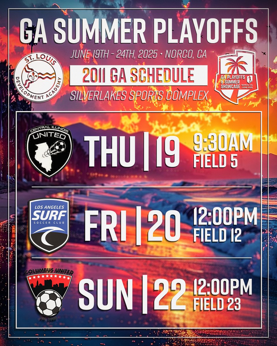 The wait is over — match week is here.

Our 2008, 2009, 2010, and 2011 GA squads are locked in and ready to compete at the GA Summer Playoffs in Norco. Every rep, every session, every moment has built to this.

Let’s bring the energy, rep the STL, and make our mark. 👊🔥