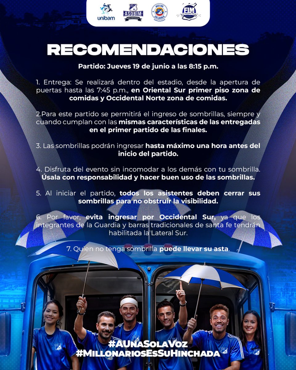 Barras Independientes de Millonarios (@asobim_) on Twitter photo Aliste su sombrilla para el jueves, únase a la fiesta por <a href="/MillosFCoficial/">Millonarios FC</a>, recuerden los qué ya la tienen ingresan hasta las 7:15 de la noche y los que no la tengan todavía pueden ir al canal de difusión de las Barras tradicionales y adquirirla, RT #MillonariosEsSuHinchada Aliste su sombrilla para el jueves, únase a la fiesta por <a href="/MillosFCoficial/">Millonarios FC</a>, recuerden los qué ya la tienen ingresan hasta las 7:15 de la noche y los que no la tengan todavía pueden ir al canal de difusión de las Barras tradicionales y adquirirla, RT #MillonariosEsSuHinchada