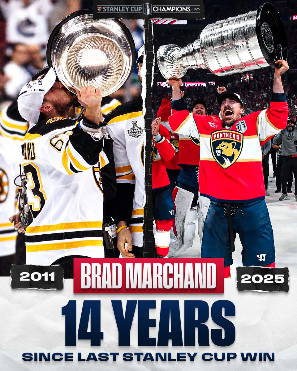 NHL's tweet image. Getting reacquainted 🥰

It's been 14 long years, but Brad Marchand got to hoist Lord Stanley once again. Only Mark Recchi (15 years) and Chris Chelios (16 years) waited longer between #StanleyCup championships.