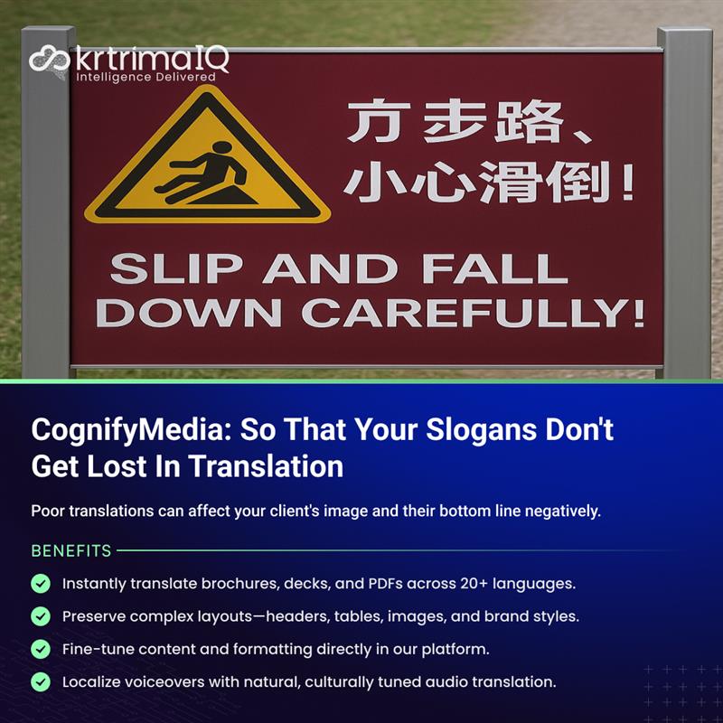 krtrimaIQ's tweet photo. Your brand’s message is global—make sure it’s not lost in translation.
With CognifyMedia, get AI-powered translations that are accurate, culturally relevant, and on-brand.
#IntelligenceDelivered by krtrimaIQ https://t.co/C0ZZjOdqGp