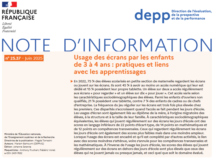 ⏯️ Zoom sur… l'usage des écrans par les enfants de 3 à 4 ans

Note d'information de la DEPP autour de l'usage des écrans par les enfants de 3 à 4 ans.
Cette note a été rédigée par Meriam Barhoumi.

education.gouv.fr/usage-des-ecra…