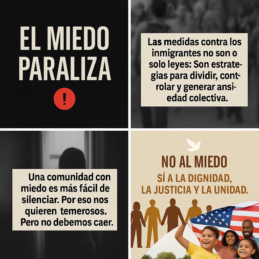 El miedo paraliza. Las medidas contra inmigrantes buscan dividirnos y desestabilizarnos como comunidad.
No cedamos.
Nuestra esperanza, dignidad y unidad son más fuertes.
🕊️ El miedo no nos define.

#InmigrantesConDignidad #latinos #UnidadComunitaria 
#NoAlMiedo