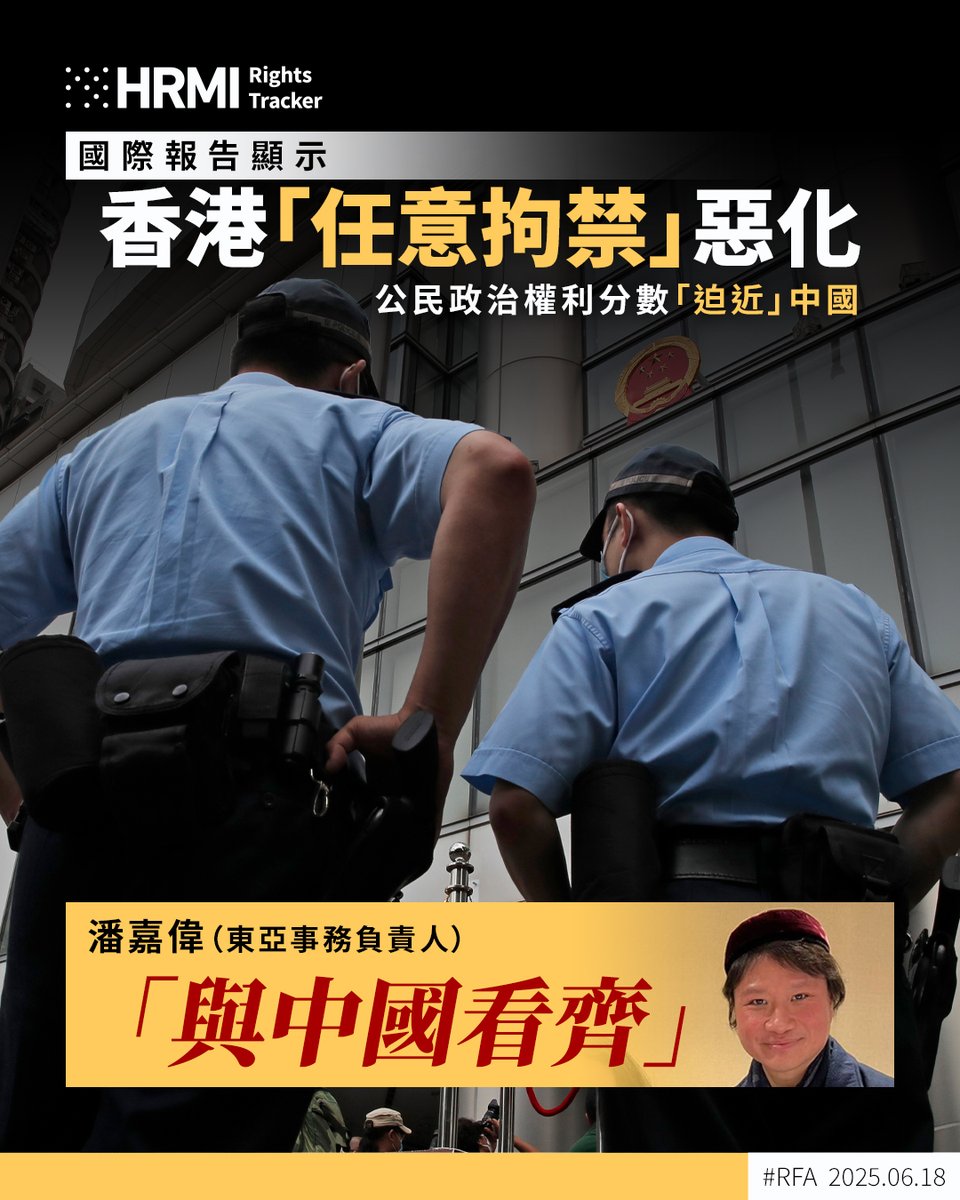 「#人權評量倡議組織」最新報告顯示，#香港 在 #政治自由 及 #人身完整性 方面的表現持續惡化，顯示當局對基本 #人權 的尊重仍存在重大問題；而公民與政治權利評分僅比排名最低的 #中國 高0.5分 ➡️ ca.rfa.org/europe-china-t…