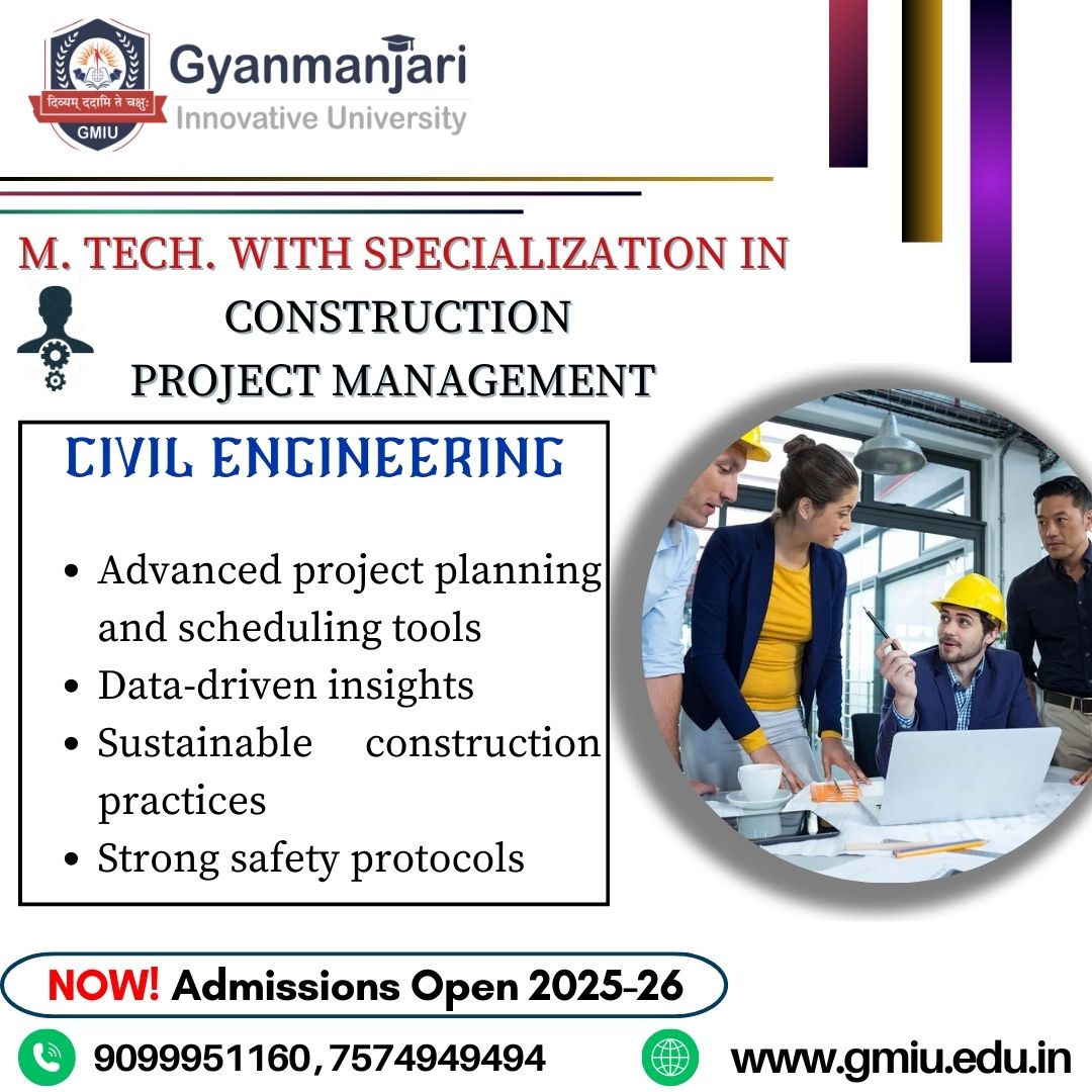 GMGC_Bhavnagar's tweet image. 🏗️ Build the future with M.Tech. in Construction Project Management at GMIU! 📊🛠️
🎯 Learn advanced planning, sustainable practices, safety protocols &amp;amp; data-driven decision-making.

#ConstructionManagement #MTechSpecialization #ProjectPlanning