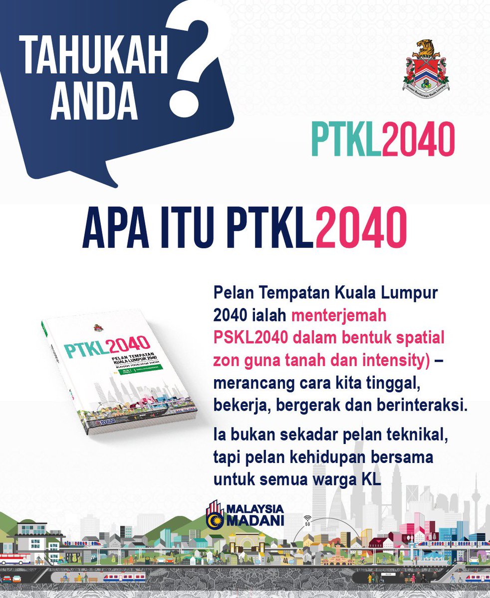 📘 PTKL2040 bukan sekadar pelan teknikal, ia pelan kehidupan untuk semua warga Kuala Lumpur! 🌆
✨ Ia menterjemah PSKL2040 kepada zon guna tanah &amp; intensiti spatial – merancang cara kita tinggal, bekerja, bergerak &amp; berinteraksi.
💡 KL akan lebih tersusun, mampan &amp; mesra rakyat!