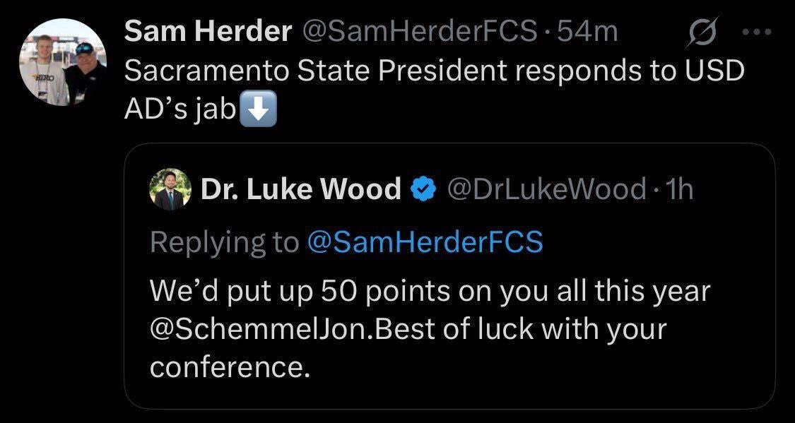Sac State President Luke Wood had referred to the FCS as “JV” Football in explaining Sac State’s planned move to FBS. With that blocked and the Hornets seemingly stuck in FCS for now, South Dakota AD Jon Schemmel razzed them, prompting a now deleted reply from Dr. Wood.🍿