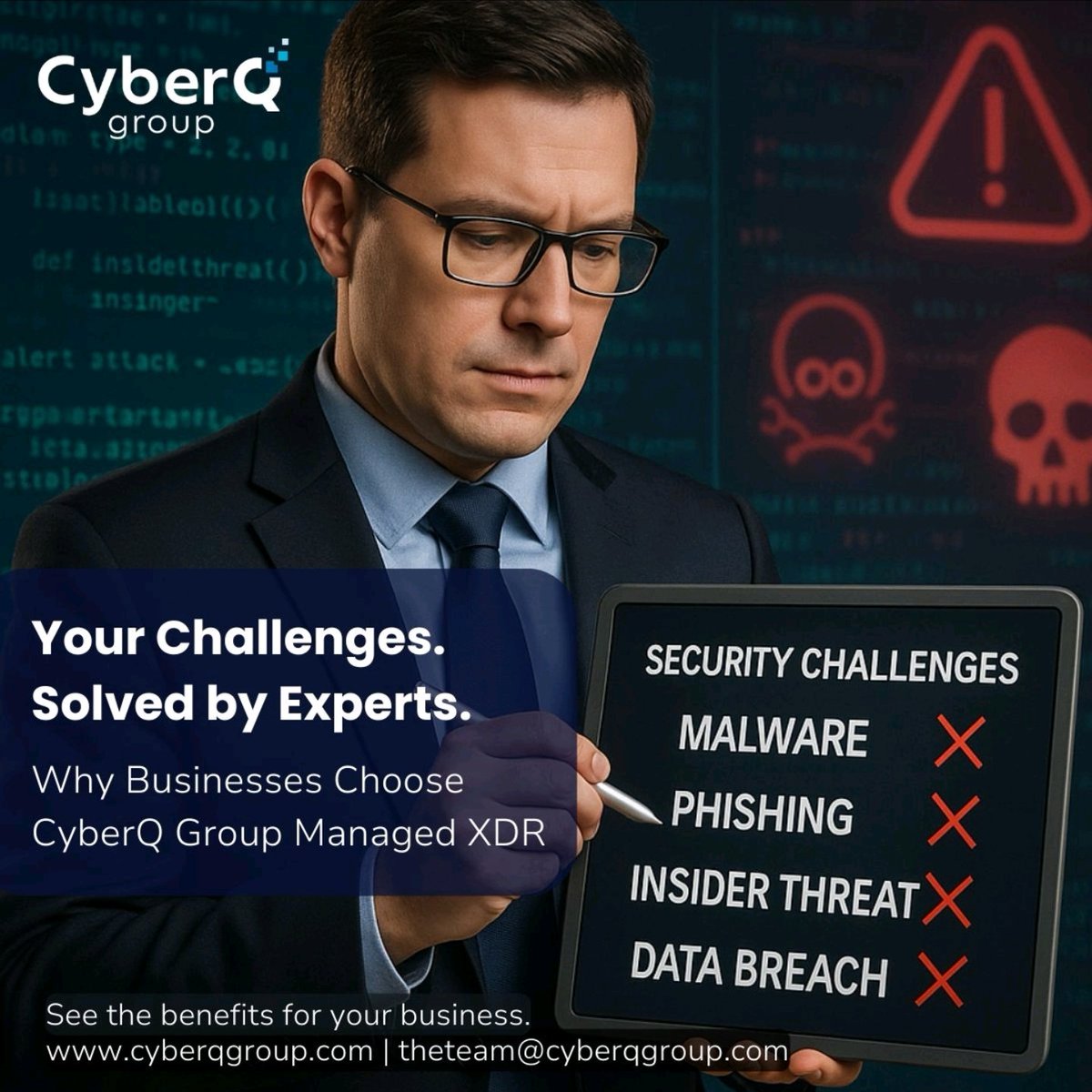 Are these your challenges?

 ❌ Delayed response to threats
 ❌ Lack of expertise
 ❌ Poor visibility into attacks

 CyberQ Group's Managed XDR solves them with unified, expert-driven threat management – all day, every day.

✅ Let’s tackle your security challenges – Contact Us