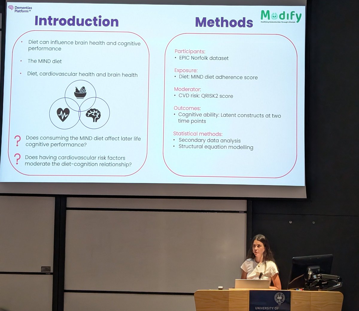 Does following the MIND diet affect later life cognition and cardiovascular risks? Spoiler alert, YES, particularly for those with greater health vulnerabilities. Great flash talk by Meggie Smith at the ARUK Thames Valley Research Day!
