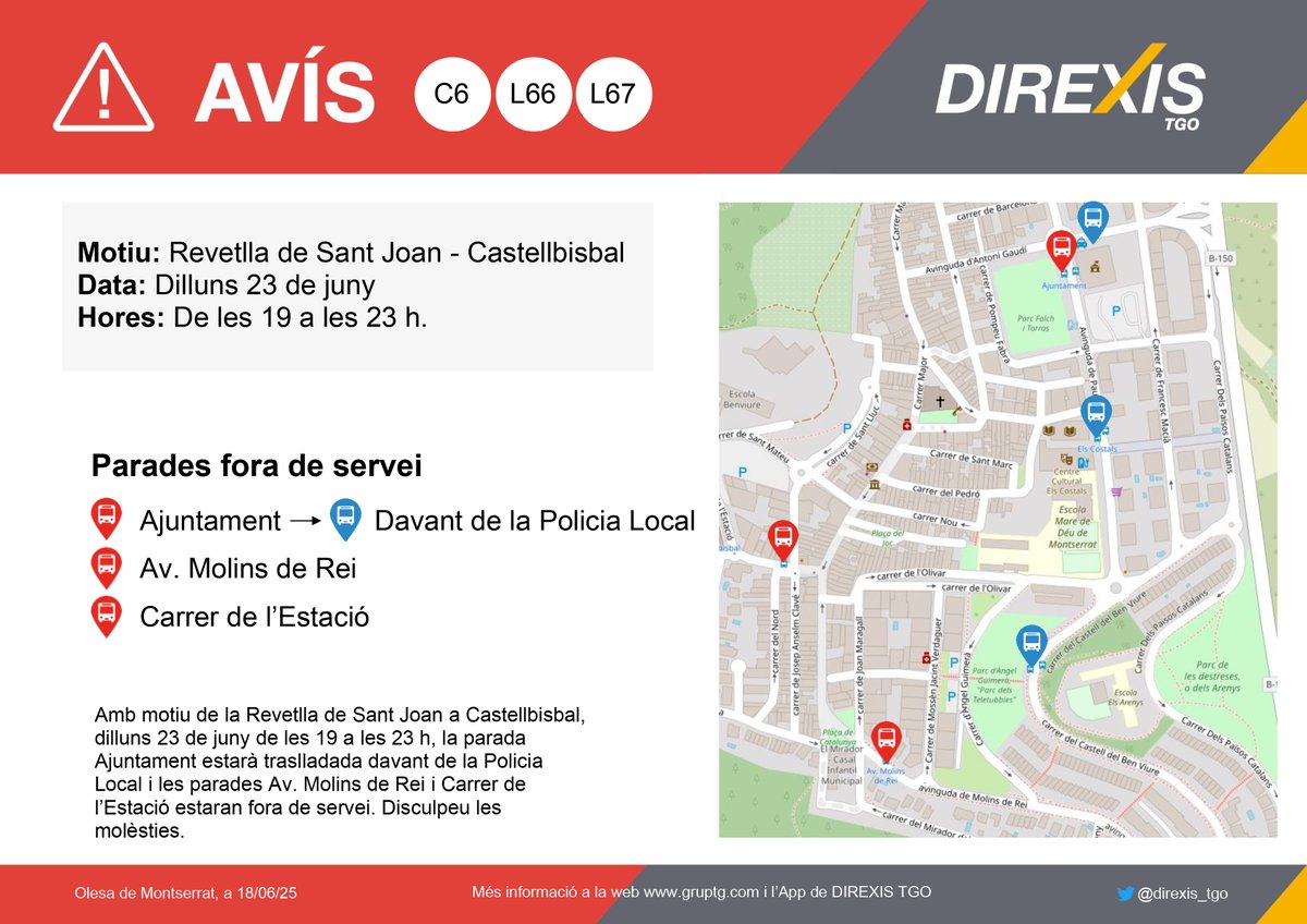 DIREXIS TGO (@direxis_tgo) on Twitter photo ⚠ Atenció #C6 #L66 #L67 <a href="/Ajcastellbisbal/">Ajcastellbisbal</a>
🗓 Dilluns 23 de juny
🕓 De les 19 a les 23 h
⛔ Parades fora de servei
Amb motiu de la Revetlla de Sant Joan a #Castellbisbal, hi hauran parades fora de servei. Disculpeu les molèsties. ⚠ Atenció #C6 #L66 #L67 <a href="/Ajcastellbisbal/">Ajcastellbisbal</a>
🗓 Dilluns 23 de juny
🕓 De les 19 a les 23 h
⛔ Parades fora de servei
Amb motiu de la Revetlla de Sant Joan a #Castellbisbal, hi hauran parades fora de servei. Disculpeu les molèsties.