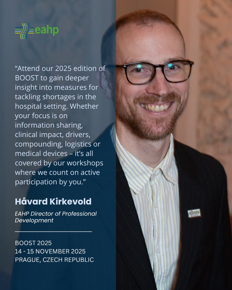 Join us at #BOOST2025 in Prague (14–15 Nov) to explore real solutions to medicine shortages! 

🔗 Early bird till 30 June! eahp.eu/education/eahp…

#EAHPBOOST #HospitalPharmacy #PharmacyLeadership #Medicine #Europe