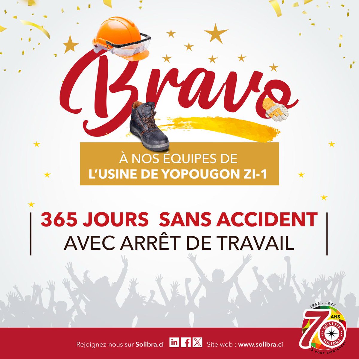 🎯 365 jours sans accident avec arrêt de travail à l’usine SOLIBRA Yopougon ZI1 !
Sécurité + rigueur + vigilance = fierté 👷🏽‍♂️👏
Un grand bravo à nos équipes engagées au quotidien !

#Sécurité #ZéroAccident #SOLIBRA #SST #Engagement #SOLIBRA70Ans