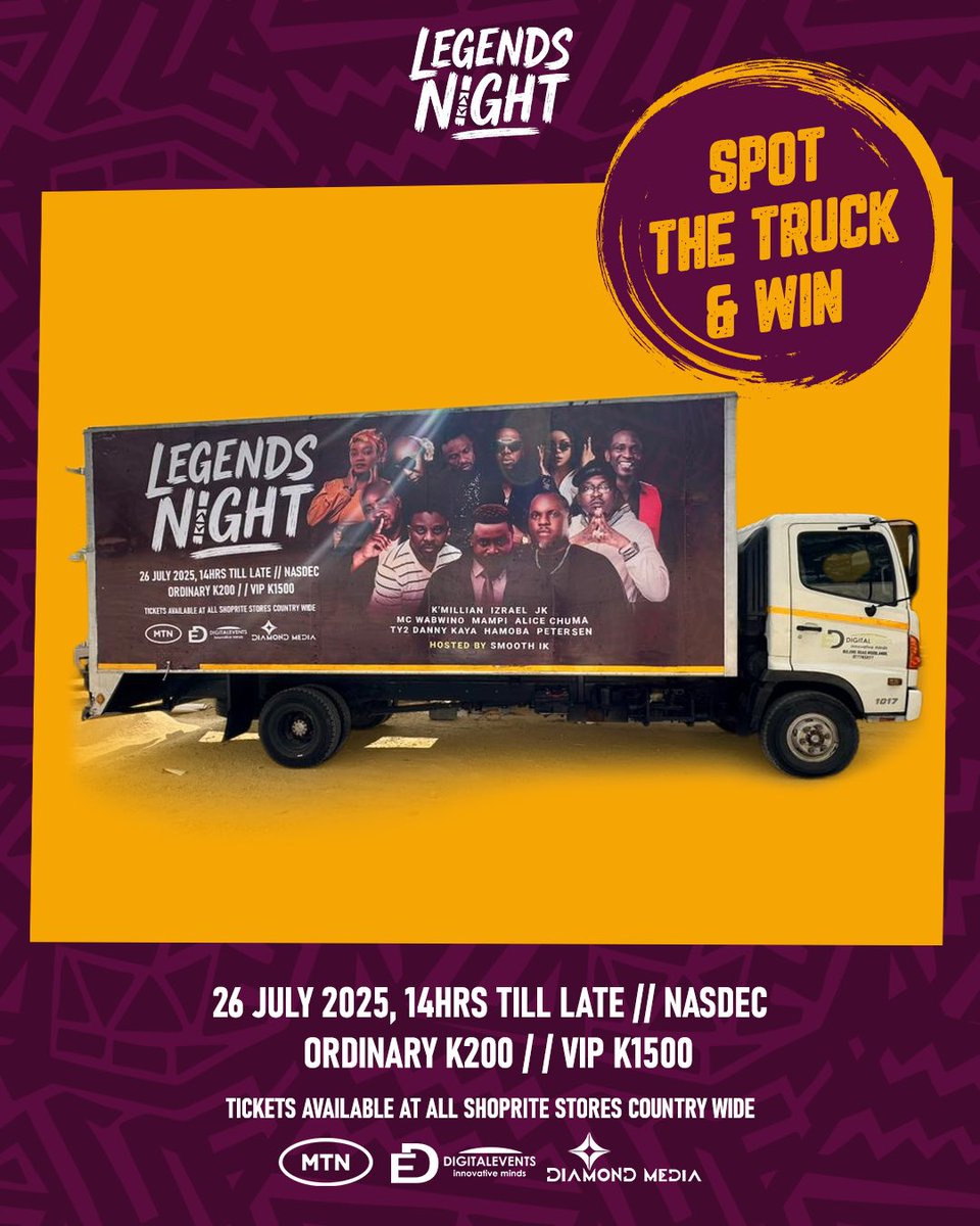 🚨 SPOT THE TRUCK &amp; WIN! 🛻🎟️

The Legends are on the move — literally! If you see this truck cruising through your area, snap a pic 📸, post it, tag us, and stand a chance to win FREE TICKETS to the biggest throwback party of the year! 🔥

📅 26 July 2025 | 📍NASDEC | 🎟️ K200