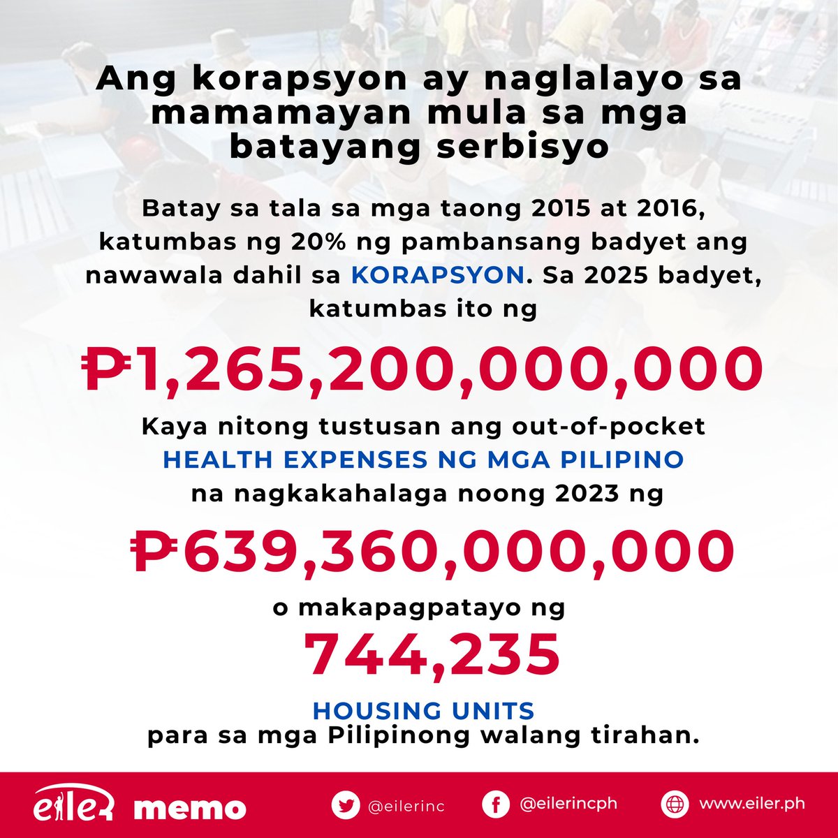 EILER MEMO: Ayon sa tala ng World Bank, na sinang-ayunan ng tala ni dating Deputy Ombudsman Cyril Ramos, ang nalulustay na pondo sa korapsyon ay umaabot sa 20% ng halaga ng pambansang badyet. Para sa 2025 badyet, ito ay katumbas ng 1.27 trilyong piso.

#ImpeachmentTrialNOW