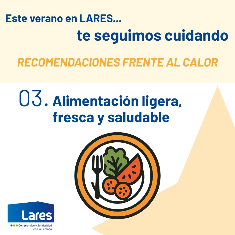 🌞Este #verano, te seguimos cuidando

🥗 Una buena #alimentación también protege frente al calor

🧓En las residencias Lares ofrecemos comidas frescas, ligeras y saludables para asegurar el #bienestar de las personas #mayores

#BienestarIntegral #CuidamosEnVerano