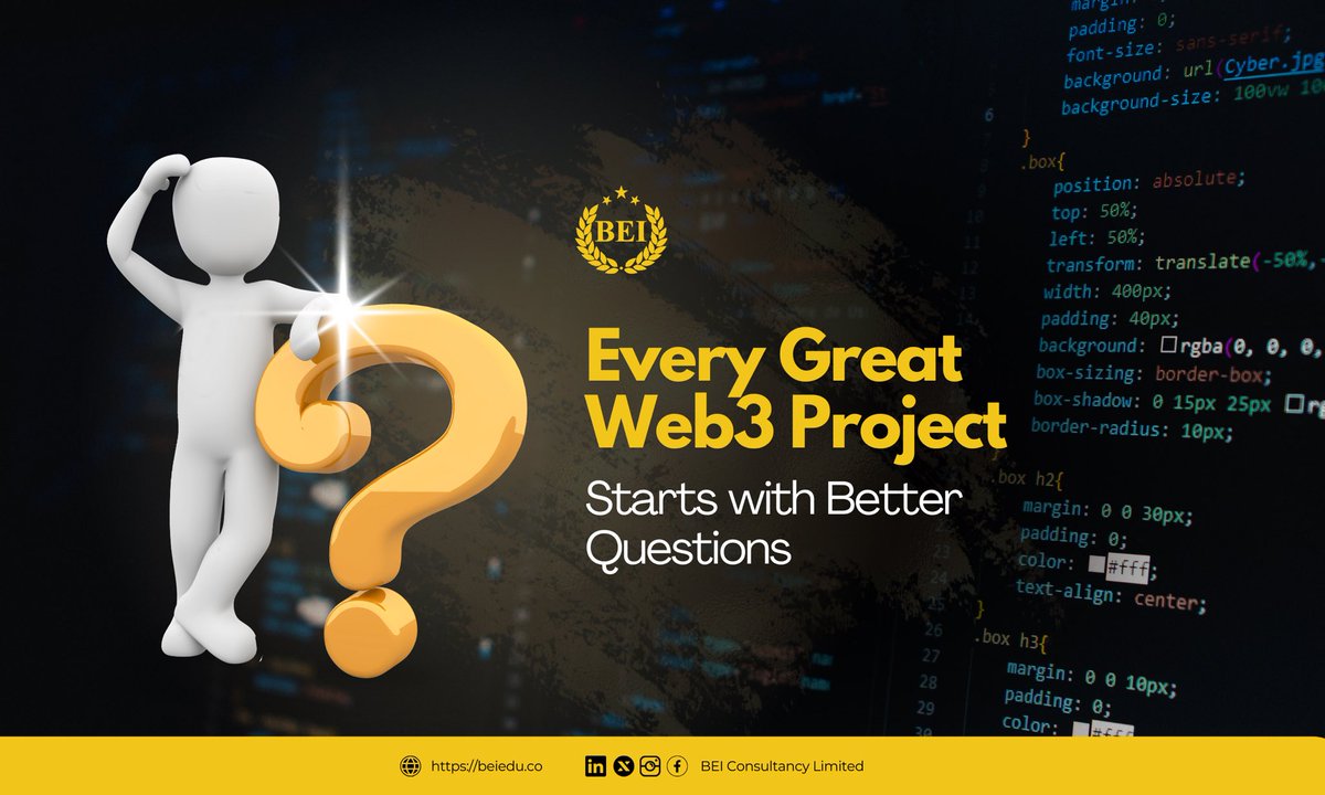 BEI_edu's tweet image. Every Great Web3 Project Starts with Better Questions

Before you build, ask this. Is this solving a real problem? Can it scale?

We help you answer the questions that make or break your Web3 journey.

Let’s do this smart.

#Web3Strategy, #BlockchainPlanning, #SmartStartups, #BEI
