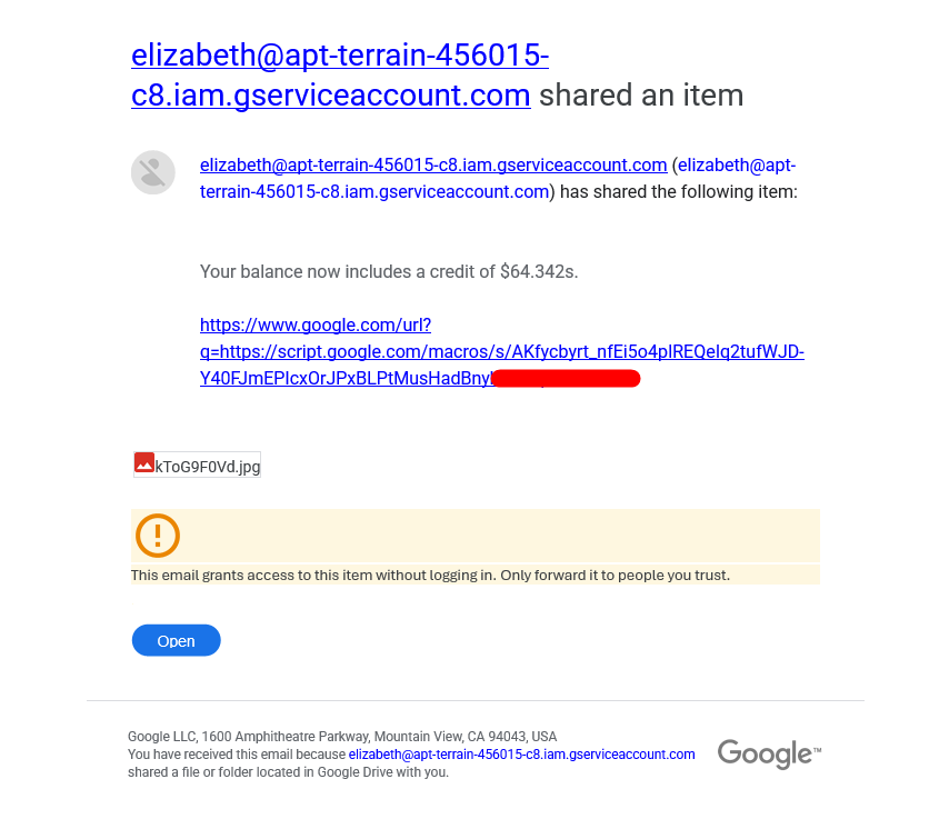 📌 June/2025: Threat actors continue to abuse Google Drive's document sharing functionality to send a clickable link that redirects to a malicious landing page hosted on Google Apps Script (after redirecting via Google Search).

As you can imagine, these emails arrive directly to