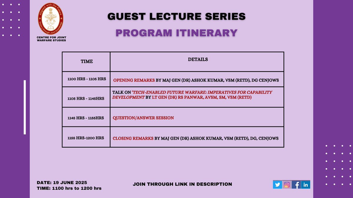 CENJOWS INDIA (@cenjows) on Twitter photo #Happeningtomorrow
Centre for Joint Warfare Studies (<a href="/CENJOWS/">CENJOWS INDIA</a>) is excited to host an exclusive guest lecture by Lt Gen (Dr) RS Panwar, AVSM, SM, VSM (Retd), on "Tech Enabled Future Warfare: Imperatives for Capability Development".
Date: 19 June 2025
Time: 1100 hrs - 1200 hrs #Happeningtomorrow
Centre for Joint Warfare Studies (<a href="/CENJOWS/">CENJOWS INDIA</a>) is excited to host an exclusive guest lecture by Lt Gen (Dr) RS Panwar, AVSM, SM, VSM (Retd), on "Tech Enabled Future Warfare: Imperatives for Capability Development".
Date: 19 June 2025
Time: 1100 hrs - 1200 hrs