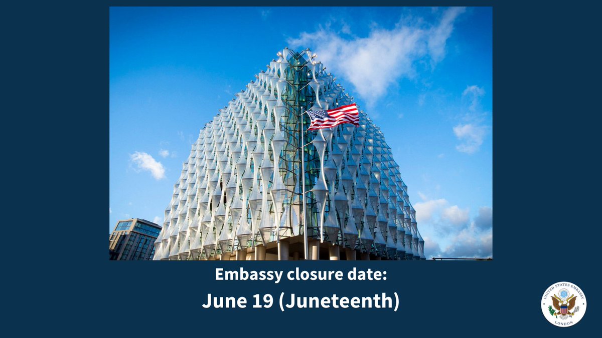 USAinUKConsular's tweet image. The U.S. Embassy in London and our Consulates General in Edinburgh and Belfast will be closed on Thursday, June 19 2025 for the Juneteenth Holiday. We will re-open on Friday, June 20.