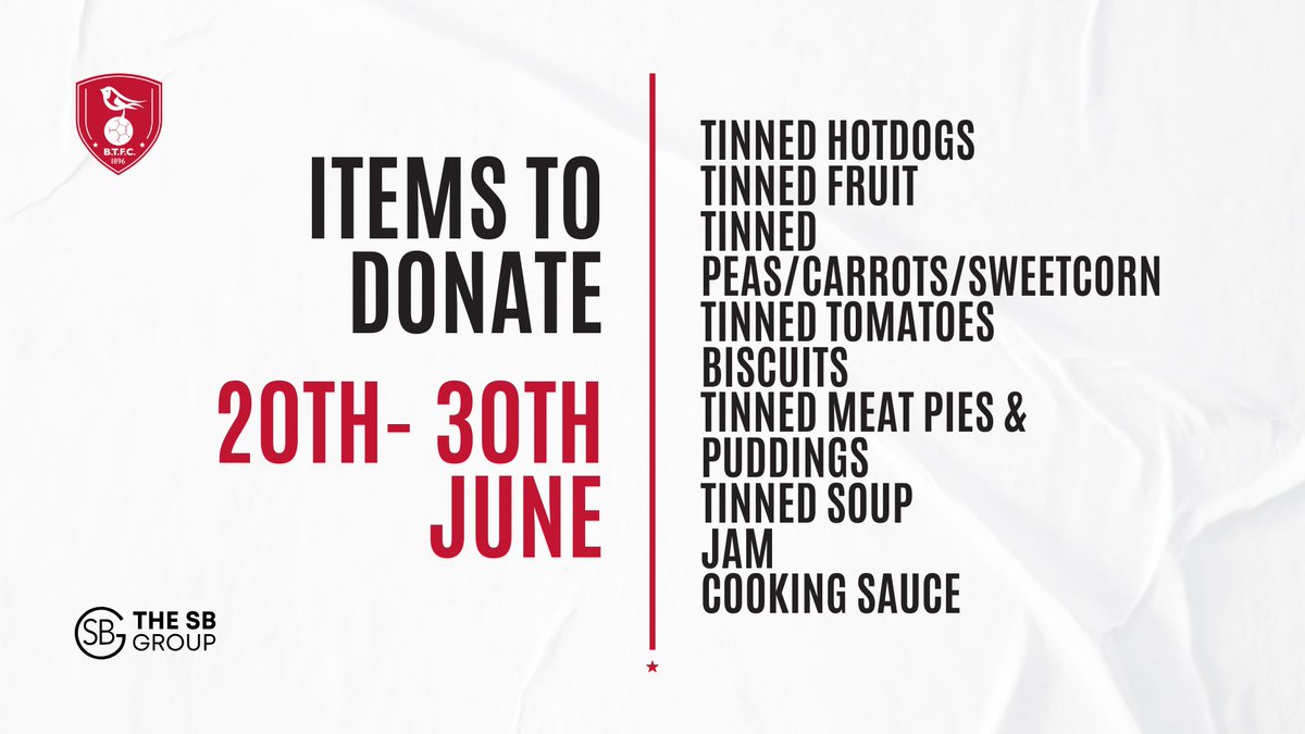 Bracknell Town FC (@bracknelltownfc) on Twitter photo Weโve been in touch with <a href="/BracknellFoodb1/">Bracknell Foodbank</a> to keep up to date with the items theyโre in most need of - Please donate what you can when picking up your Bracknell Town season ticket.
Reminder - there are designated time slots to drop off your donations and pick up your tickets! Weโve been in touch with <a href="/BracknellFoodb1/">Bracknell Foodbank</a> to keep up to date with the items theyโre in most need of - Please donate what you can when picking up your Bracknell Town season ticket.
Reminder - there are designated time slots to drop off your donations and pick up your tickets!