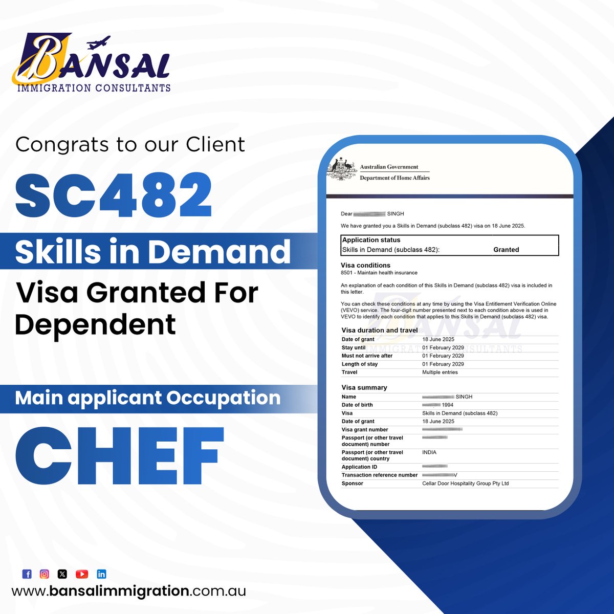 Bansalimmi's tweet image. Another milestone achieved! ✅
Big congratulations to our client on the successful grant of their Subclass 482(Skill In Demand) Visa for Dependent!
📌 Main applicant's occupation: Chef

#VisaGranted #482Visa #AustraliaBound #SkilledProfessionals #ChefVisa #BansalImmigration