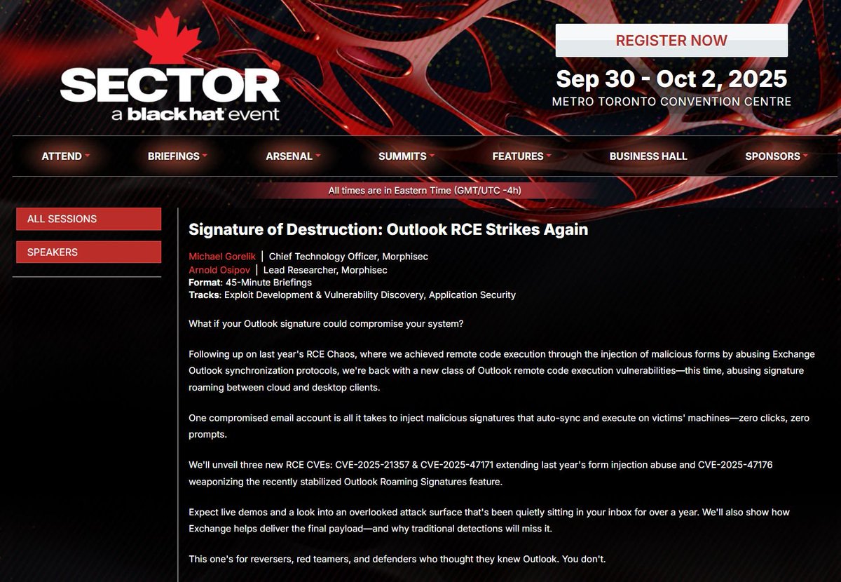 Proud to share that <a href="/smgoreli/">Michael.Gorelik</a> and my talk, “Signature of Destruction: Outlook RCE Strikes Again”, got accepted to BlackHat Canada (SecTor)!
New Outlook RCE, new vector — details soon

#sectorca <a href="/BlackHatEvents/">Black Hat</a>