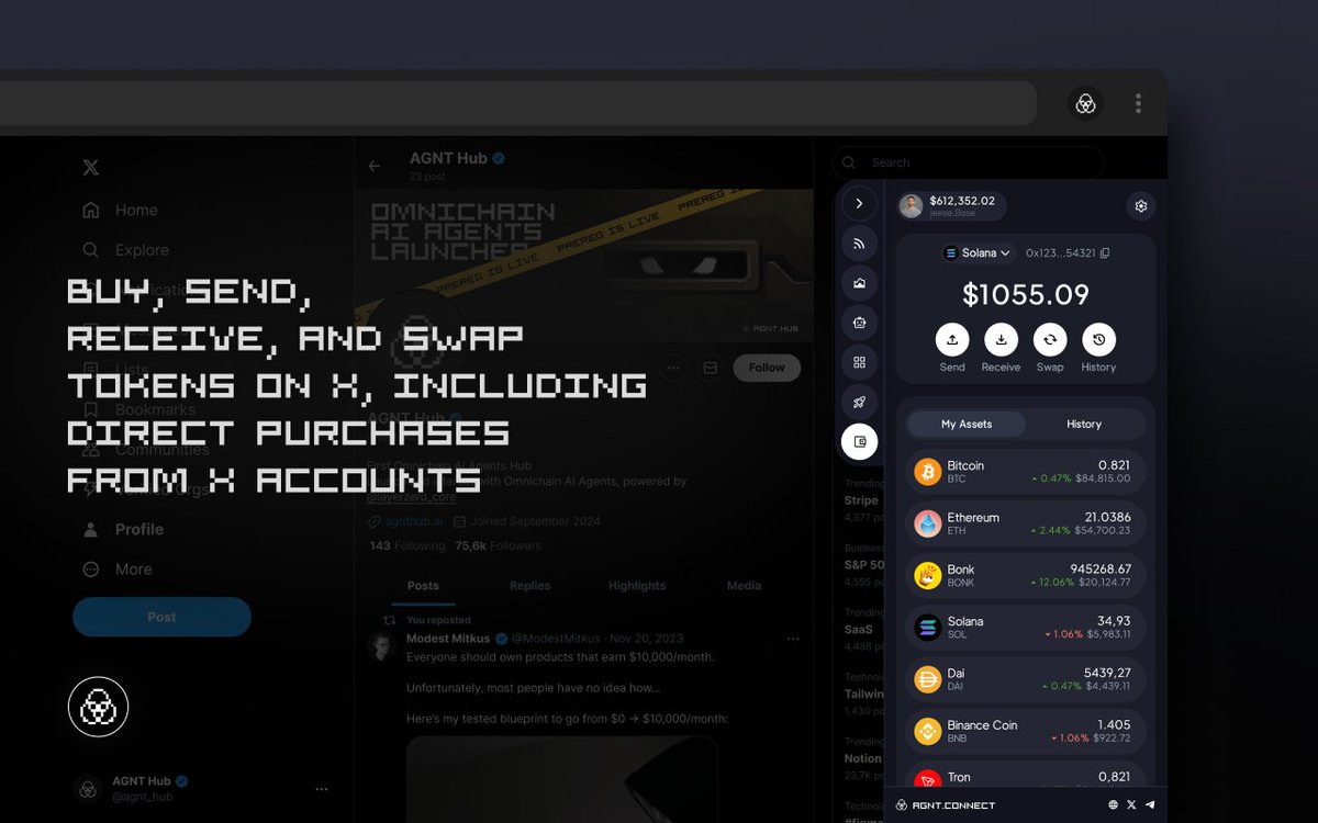 Most wallets live in another tab.

AGNT Connect Wallet lives inside your X feed — where things actually happen.

With it, you can:
🔸 Buy tokens straight from verified project accounts
🔸 Swap, send, and receive without leaving the feed
🔸 See balances across chains in one view