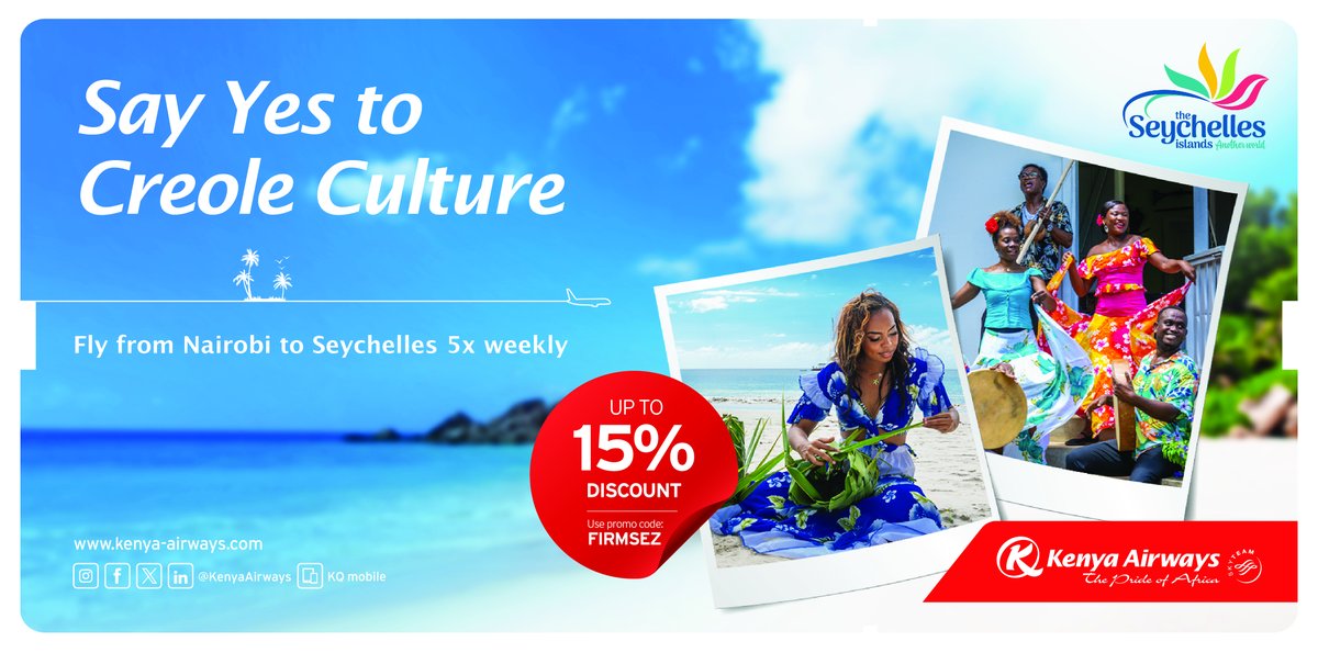 Kenya Airways (@kenyaairways) on Twitter photo Escape to the Seychelles & embrace Creole culture!
✈️ Fly 5x weekly from Nairobi to Seychelles and enjoy up to 15% OFF with promo code FIRMSEZ (Valid till 30th June 2025). Book your slice of paradise now👉 ow.ly/6WMl50VRyfR Ts&Cs Apply
<a href="/visitseychelles/">The Seychelles Islands</a> Escape to the Seychelles & embrace Creole culture!
✈️ Fly 5x weekly from Nairobi to Seychelles and enjoy up to 15% OFF with promo code FIRMSEZ (Valid till 30th June 2025). Book your slice of paradise now👉 ow.ly/6WMl50VRyfR Ts&Cs Apply
<a href="/visitseychelles/">The Seychelles Islands</a>