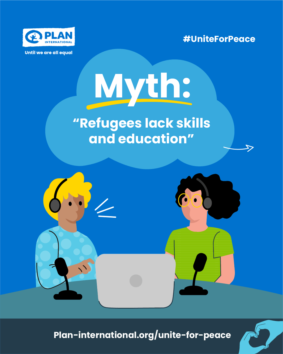 Plan_Bangladesh's tweet photo. ❌ Myth: Refugees lack skills and education
✅ Reality: Refuges lack opportunities and support for education and skills

Refugees have the skills — what they lack is the opportunity to use them.
#UniteForPeace https://t.co/bRHjzYFh9p
