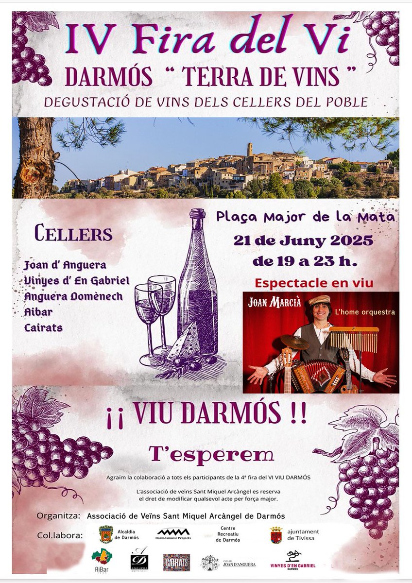🍷 La Fira del Vi de #Darmós és una cita imprescindible per als amants del bon vi, on podreu tastar els vins dels cellers locals i gaudir d'un ambient festiu i acollidor! Serà el proper 21 de juny! 😊

Més info 👉 tuit.cat/LqNl4

#TerresdelEbre