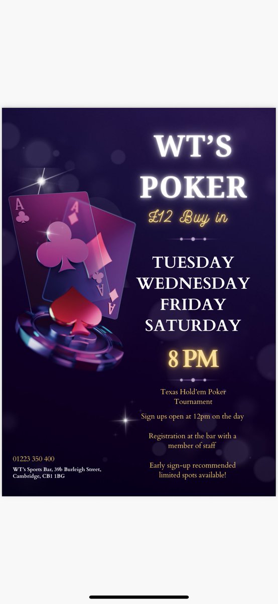 Its poker night tonight here in WTs sports bar 

Come and join the action,£12 buy in, friendly atmosphere,cash prizes and zero judgment on bad play…in fact we welcome it 🍻😄

Come and join us ♣️♠️❤️♦️