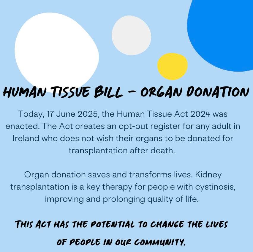 Human Tissue Bill - organ donation

Today, 17 June 2025, the Human Tissue Act 2024 was enacted. 

More information is available about what the changes to the law means on the HSE website - hse.ie/organdonation, and on YouTube youtube.com/watch?v=lBLp6Q…
