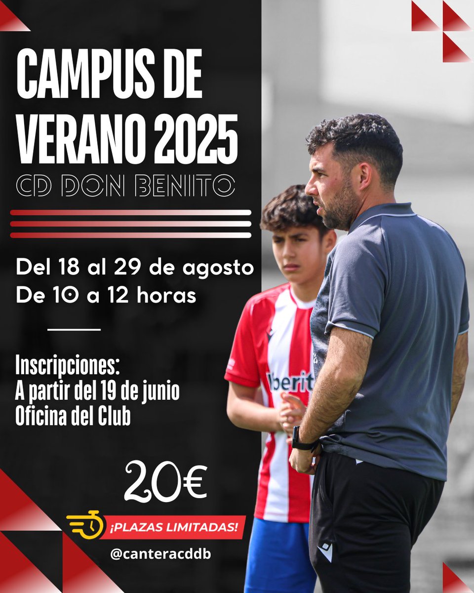 ¡Vuelve el Campus de Verano del CD Don Benito!

Desde el 18 hasta el 29 de agosto podrás disfrutar de entrenamientos de fútbol de la mano de entrenadores cualificados.

📝Inscripciones a partir del 19 de junio
📍Oficina CD Don Benito
⏱️De lunes a viernes: 10 a 14h y de 17 a 20h