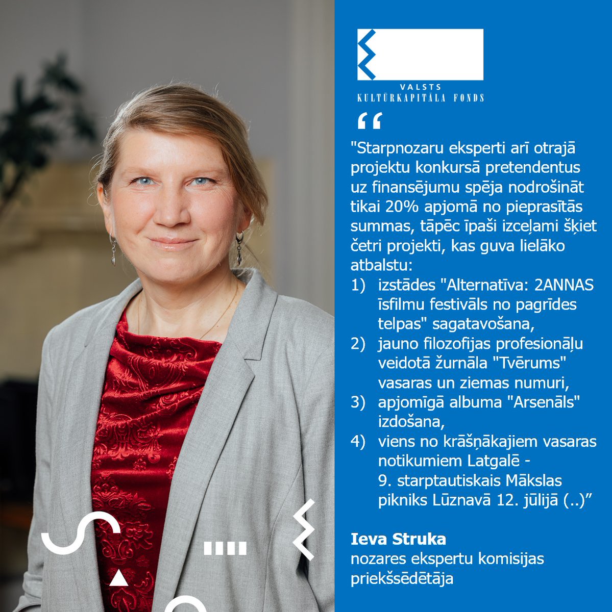 Ieva Struka, STARPDISCILINĀRU PROJEKTU noz. ekspertu komis. priekšsēdētāja:
"Starpnozaru eksperti arī 2. projektu konkursā pretendentus uz finansējumu spēja nodrošināt tikai 20% apjomā no pieprasītās summas. Atbalstīti 35 projekti par 124 758 eiro.
Vairāk: kkf.lv