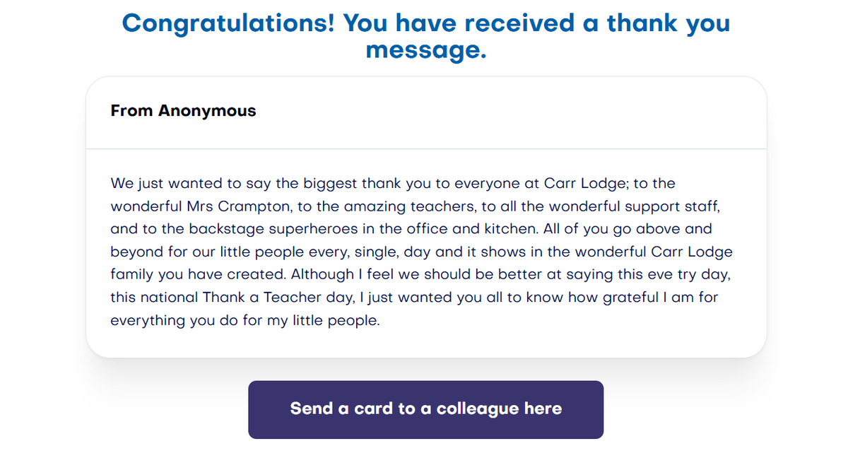 Carr Lodge Academy (@carr_lodge_acad) on Twitter photo A lovely anonymous message came through today for Thank a Teacher Day! Thank you whoever sent this in it is such lovely feedback. Thank you to all members of the CLA Team who make a difference everyday. <a href="/ExceedLP/">Exceed Learning Partnership</a> A lovely anonymous message came through today for Thank a Teacher Day! Thank you whoever sent this in it is such lovely feedback. Thank you to all members of the CLA Team who make a difference everyday. <a href="/ExceedLP/">Exceed Learning Partnership</a>