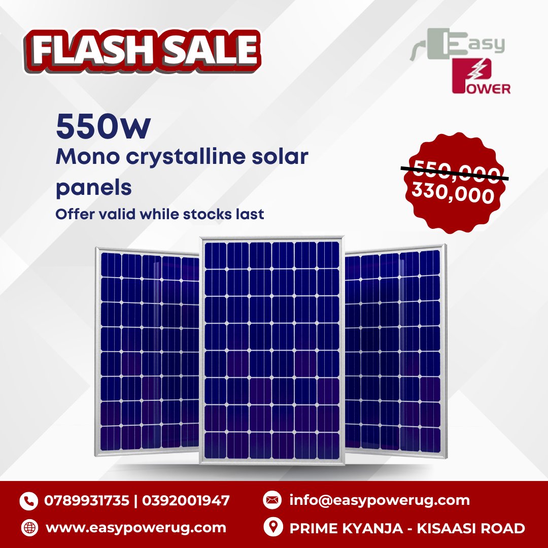 Easy Power Co. Ltd (@easypowercoltd) on Twitter photo Cutting energy costs just got easier.
Easy Power has dropped 550 W solar panels from UGX 550,000 to UGX 330,000.
Ideal for businesses, homes, and remote sites.
Offer valid while stock lasts.
For more information? DM, call 0789931735 | 0392001947, or email info@easypowerug.com. Cutting energy costs just got easier.
Easy Power has dropped 550 W solar panels from UGX 550,000 to UGX 330,000.
Ideal for businesses, homes, and remote sites.
Offer valid while stock lasts.
For more information? DM, call 0789931735 | 0392001947, or email info@easypowerug.com.