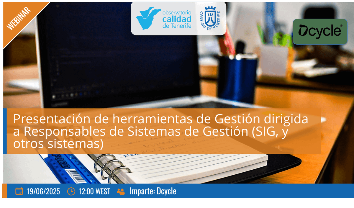📢 ¿Trabajas con #SIG o en #sostenibilidad?
No te pierdas este #webinar gratuito con <a href="/dcycle_io/">Dcycle</a>

📅 19/06 | 🕛 12h (canaria)
🖥 Herramientas digitales para afrontar retos ESG:
✅ Datos eficientes
✅ Trazabilidad
✅ Visión estratégica

🔗 Inscríbete aquí 👉 calidadtenerife.org/?q=node/57534