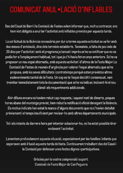 Ens fem ressò del comunicat de la Comissió de Festa Major de Can Peguera 👇