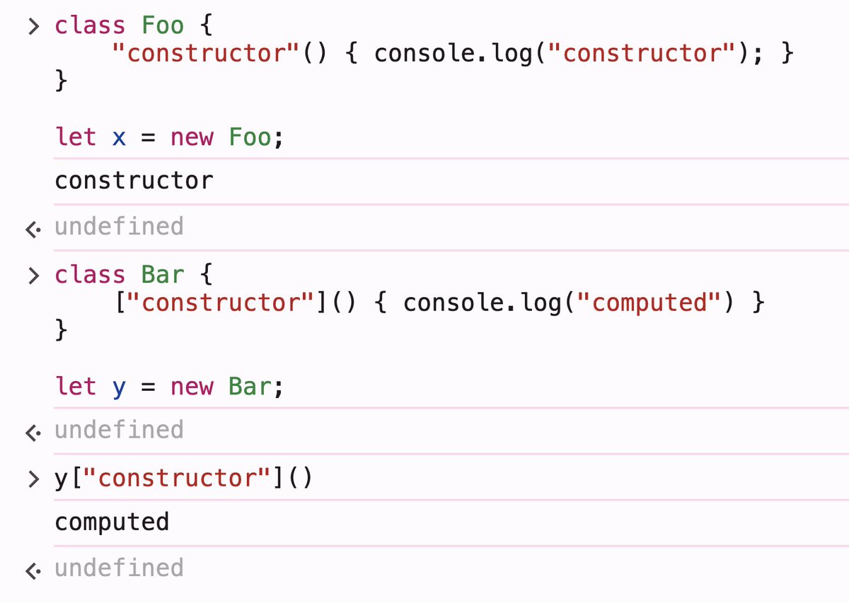 magic_akari's tweet image. Today&apos;s JS tip: In classes, it&apos;s OK to use the string literal `&quot;constructor&quot;` for the constructor method — but computed properties like `[&quot;constructor&quot;]` become regular class methods.
